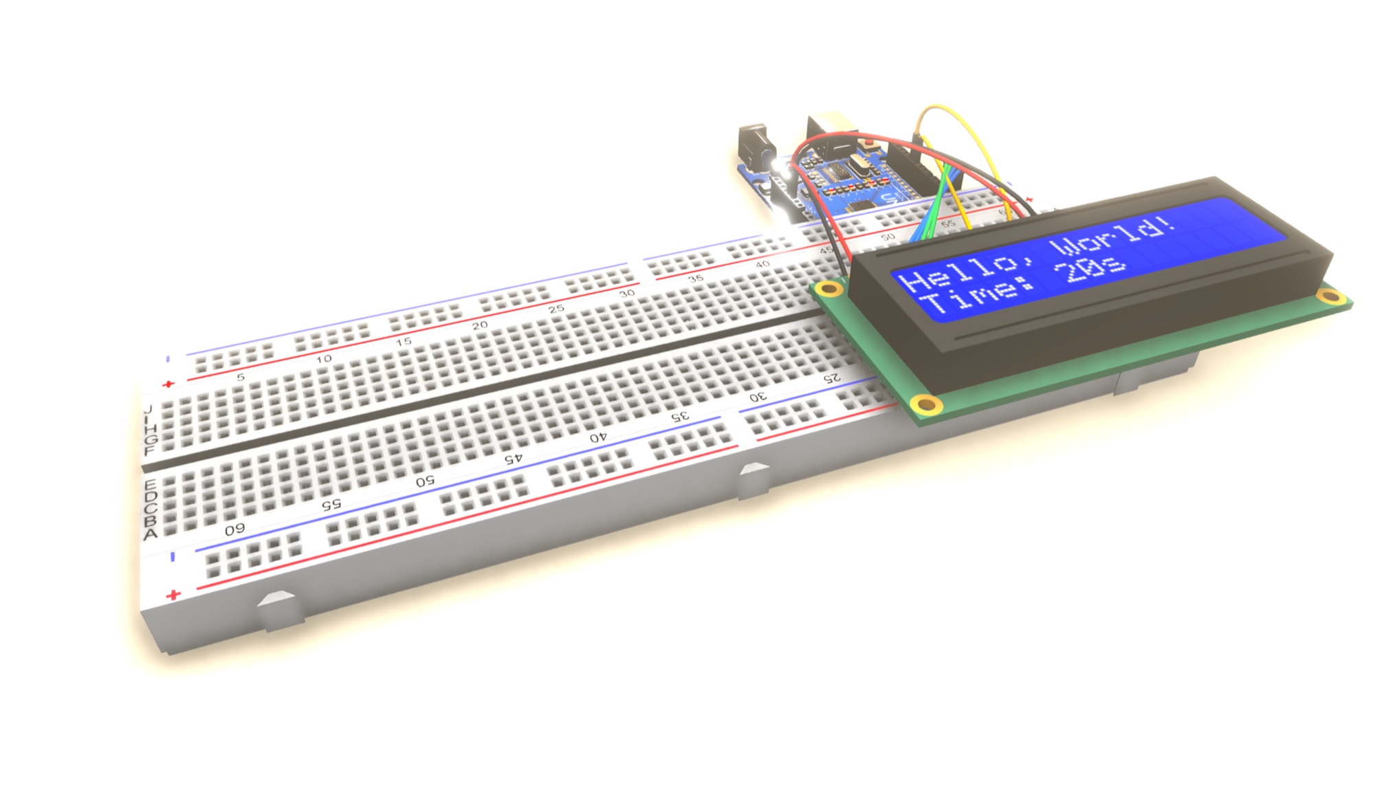 The 3D breadboard: an Arduino Uno wired to a 16×2 LCD, which is displaying Hello, World! and a running seconds counter from the emulated sketch