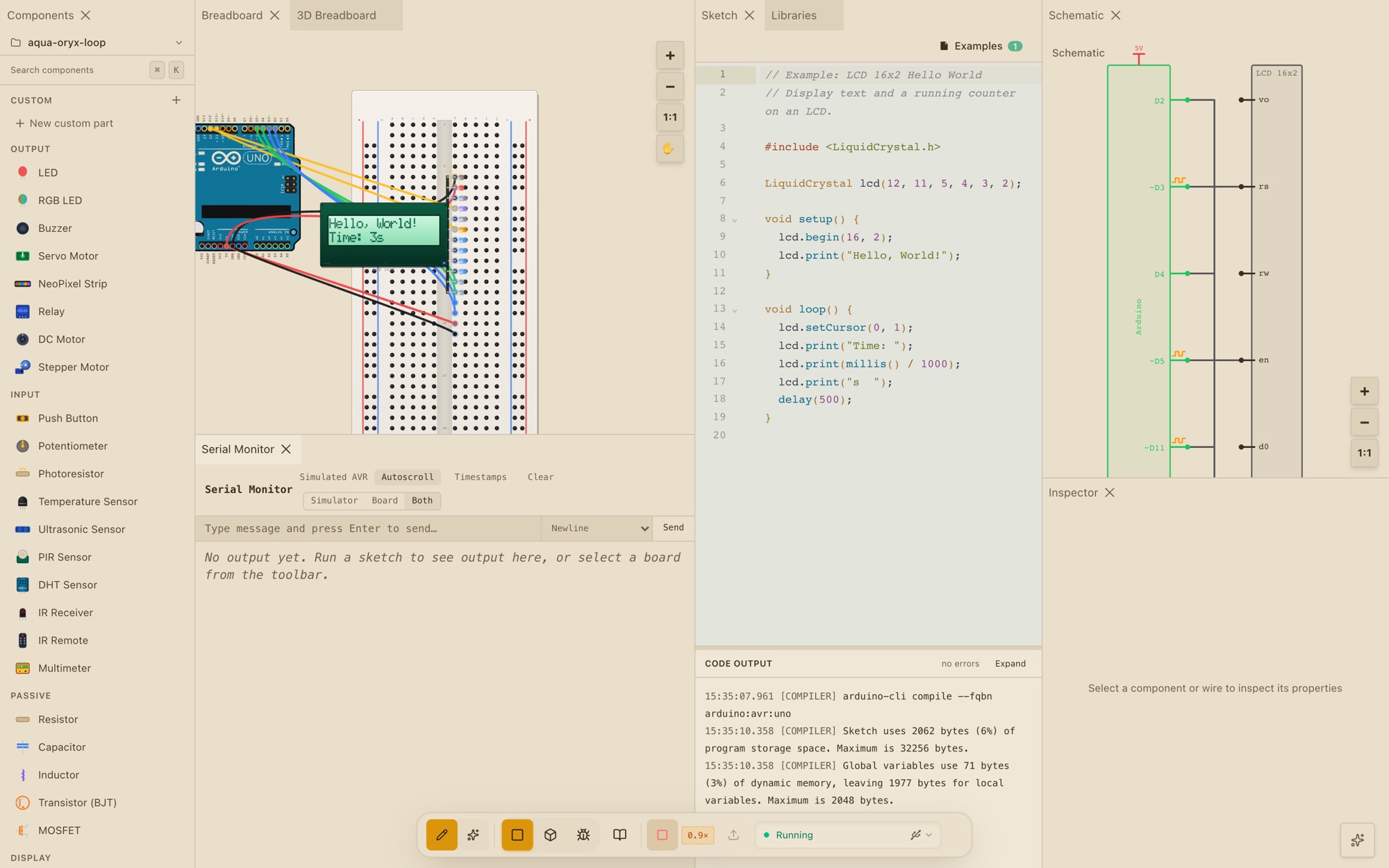 The breadboard, sketch editor, and generated schematic side by side